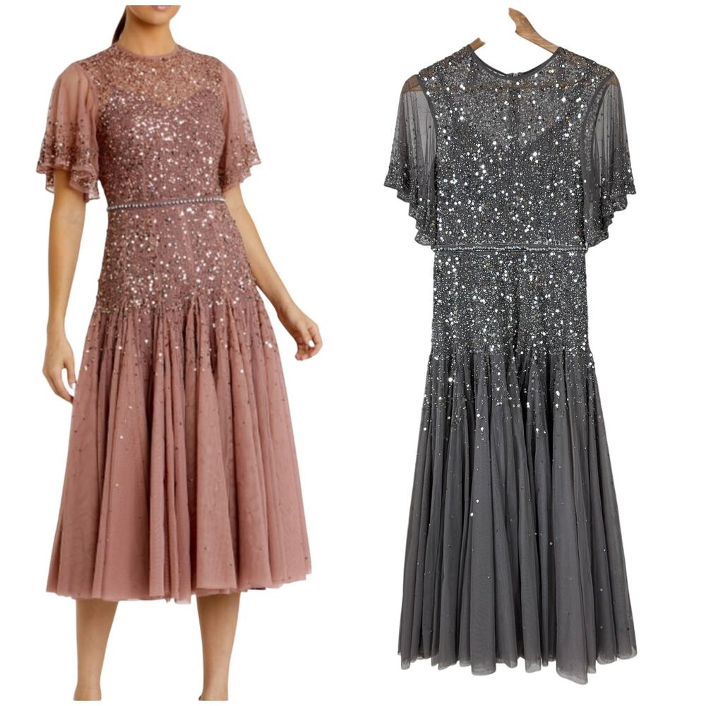 Mac Duggal NWT Flutter Sleeve Beaded Tea Length Drop Waist Dress Silver Size 4